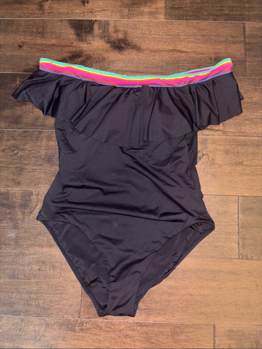 Trina Turk INC Off-Shoulder Black One-Piece Swimsuit with Rainbow Trim